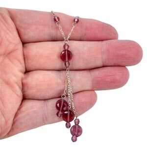 Purple Glass Y Necklace | Artisan Beaded Drop Design | Sterling Silver 925 17.5"